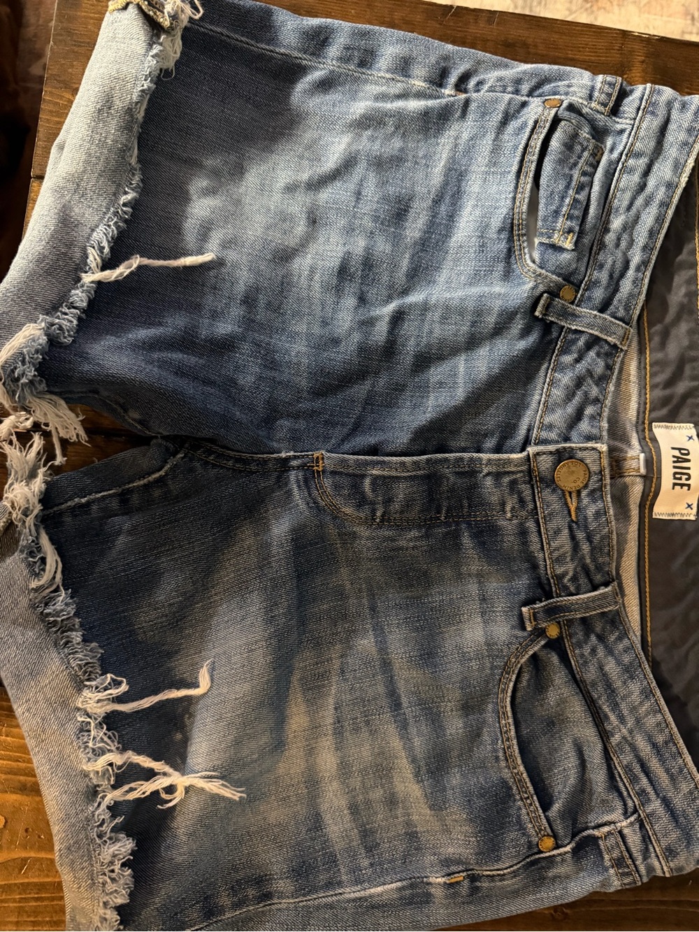 PAIGE Distressed Medium Blue Denim Jean Shorts